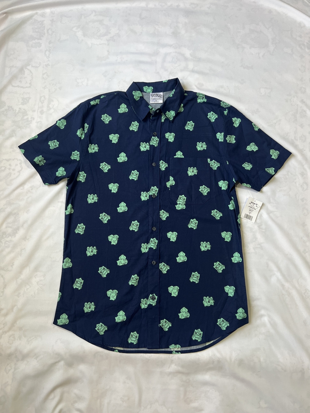 Pokemon Navy Short Sleeve Button-Up with Mint Green Pokemon Print‎